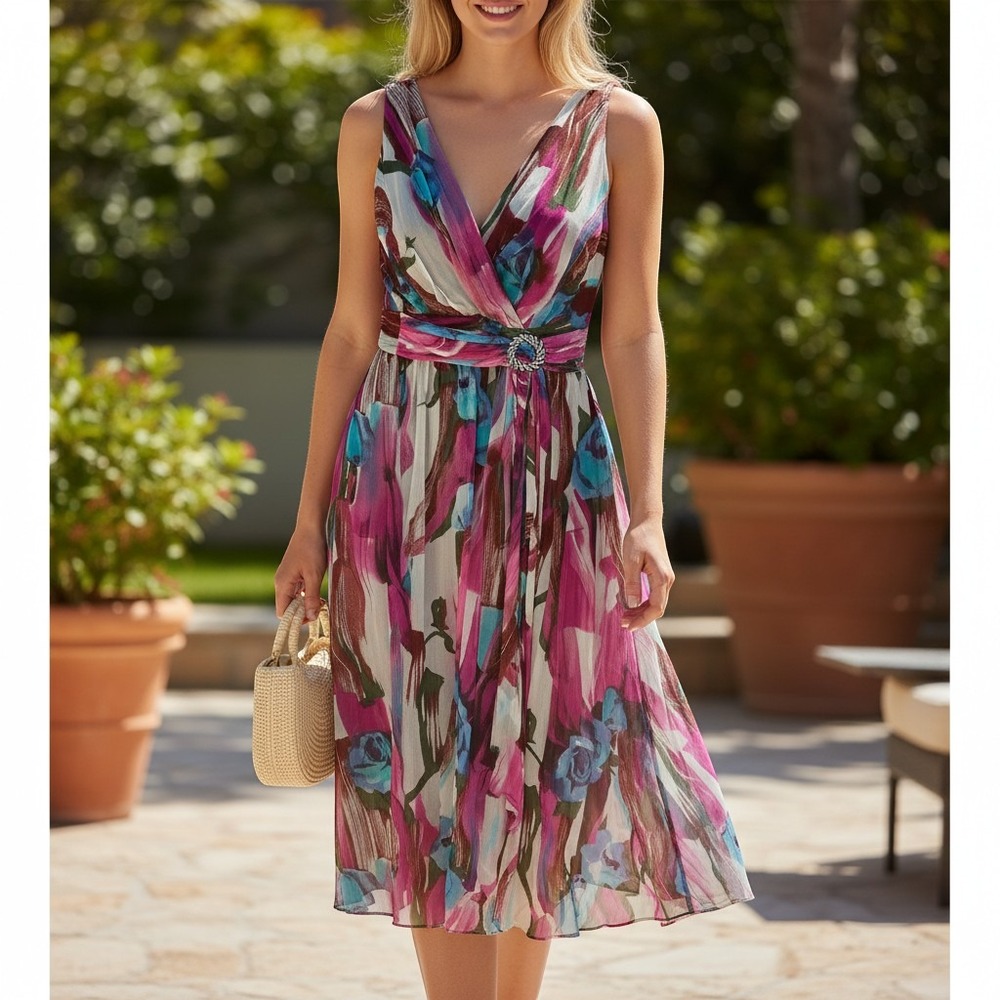 Robbie Bee Pink and Blue Floral Midi Dress